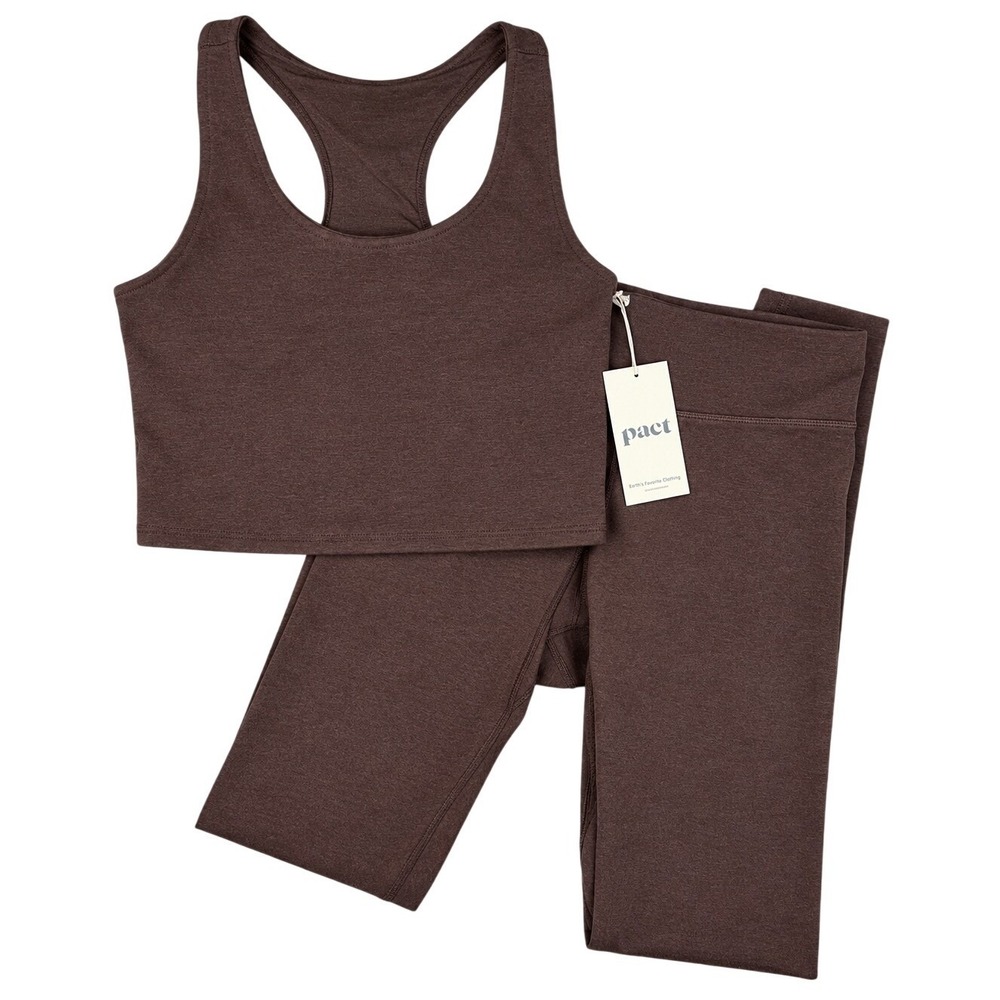 Pact Organic Cotton Activewear Set Women Small Chocolate Brown Crop Tank Legging